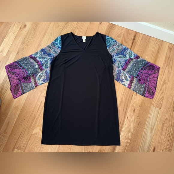 Chico’s Boho Flowy Sleeve Mixed Media Black Knee Length Dress Size XL - Picture 5 of 12